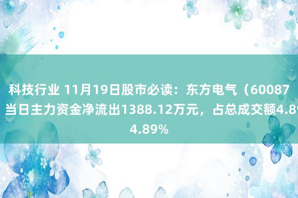 科技行业 11月19日股市必读：东方电气（600875）当日主力资金净流出1388.12万元，占总成交额4.89%