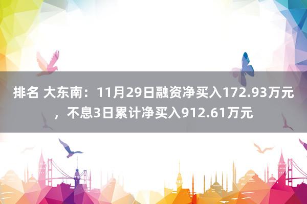 排名 大东南：11月29日融资净买入172.93万元，不息3日累计净买入912.61万元